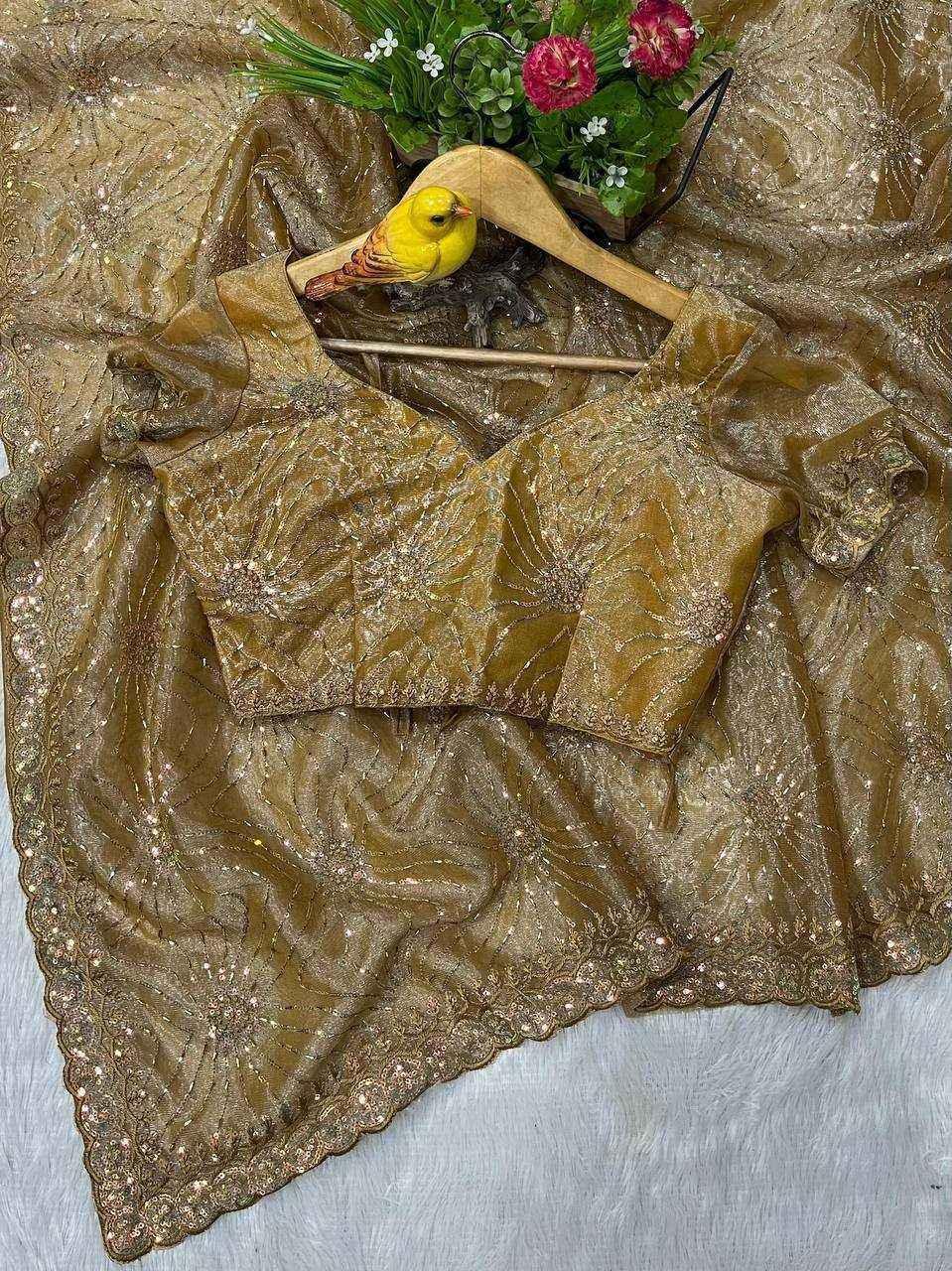 Nayoora Golden Twill Net Saree – Two-Tone Sequin & Beads Work - Nayoora