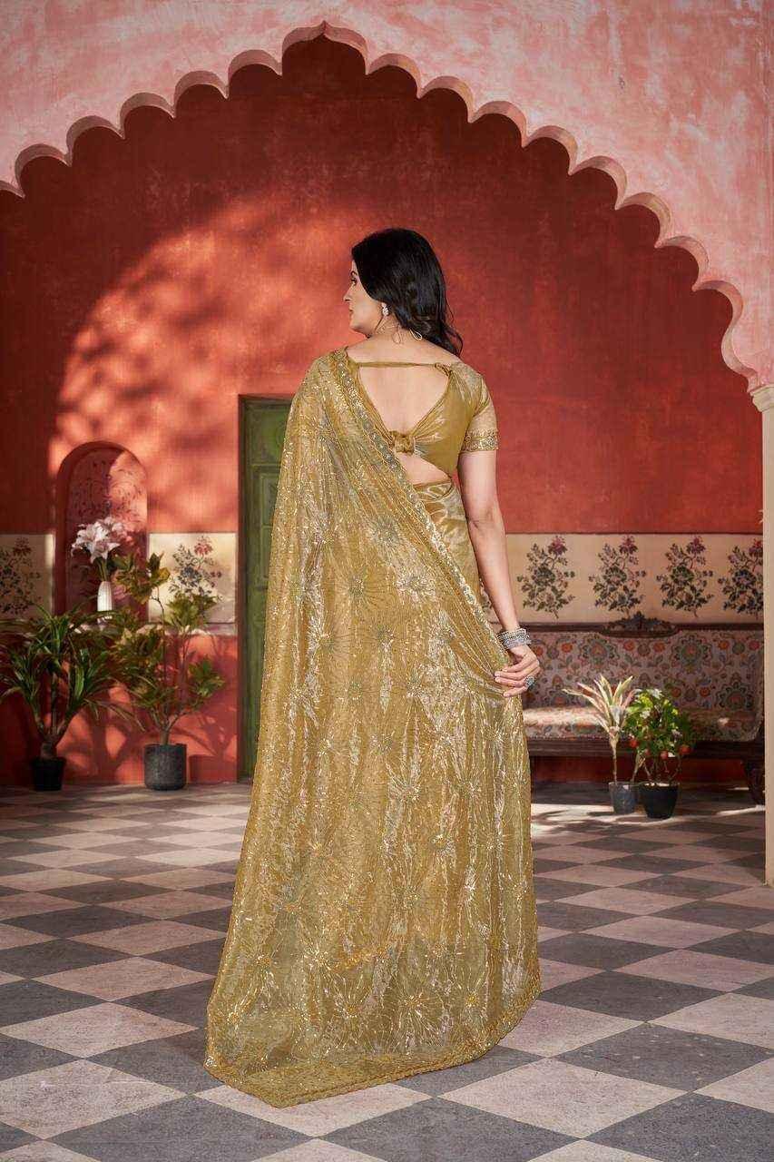 Nayoora Golden Twill Net Saree – Two-Tone Sequin & Beads Work - Nayoora