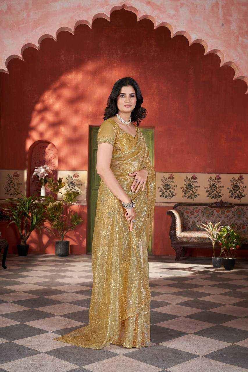 Nayoora Golden Twill Net Saree – Two-Tone Sequin & Beads Work - Nayoora