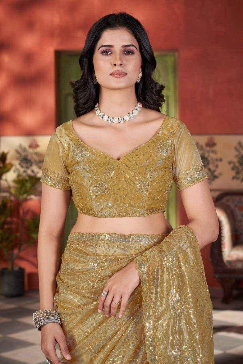 Nayoora Golden Twill Net Saree – Two - Tone Sequin & Beads Work - Nayoora