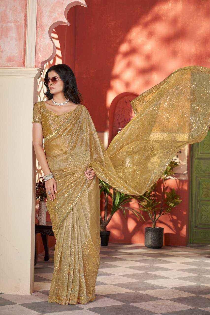 Nayoora Golden Twill Net Saree – Two-Tone Sequin & Beads Work - Nayoora