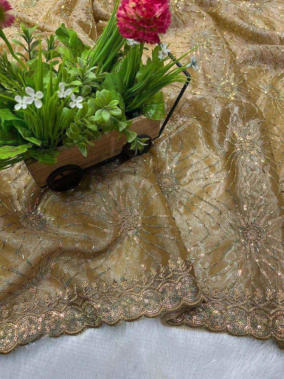 Nayoora Golden Twill Net Saree – Two-Tone Sequin & Beads Work - Nayoora