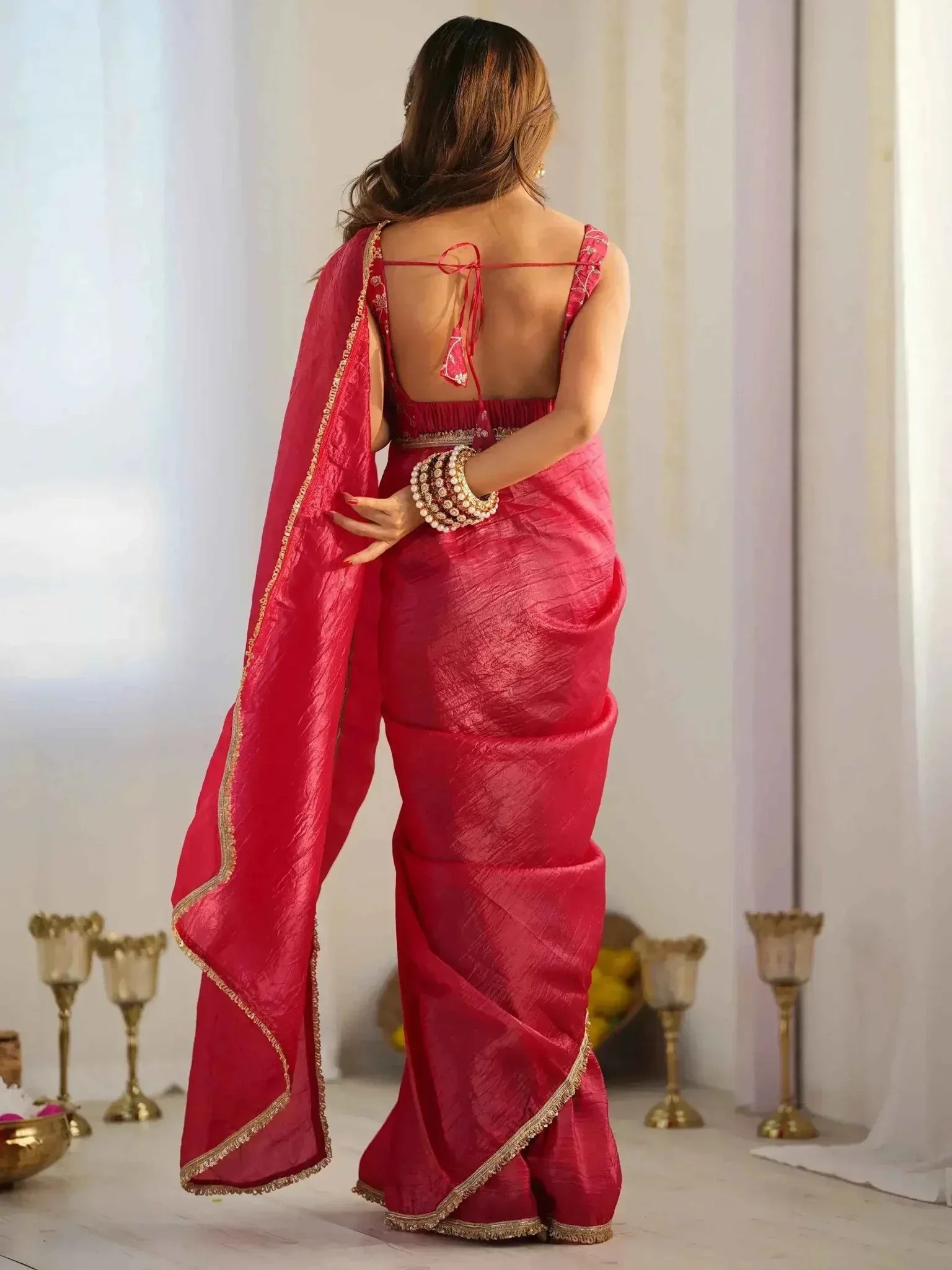 Nayoora Hot Pink Gold-Crush Ready-to-Wear Saree - Nayoora