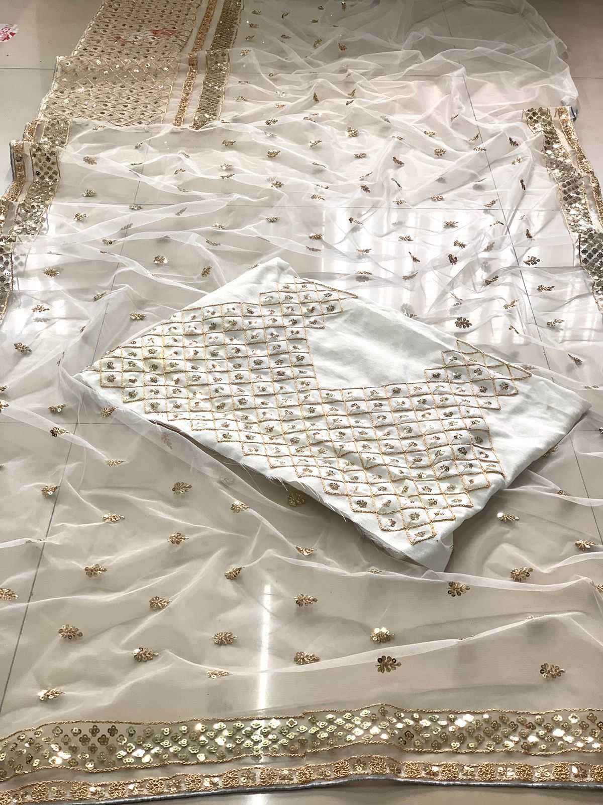 Nayoora Ivory Gold Butterfly Net Saree – Heavy Sequin Butta & Cutwork Border - Nayoora