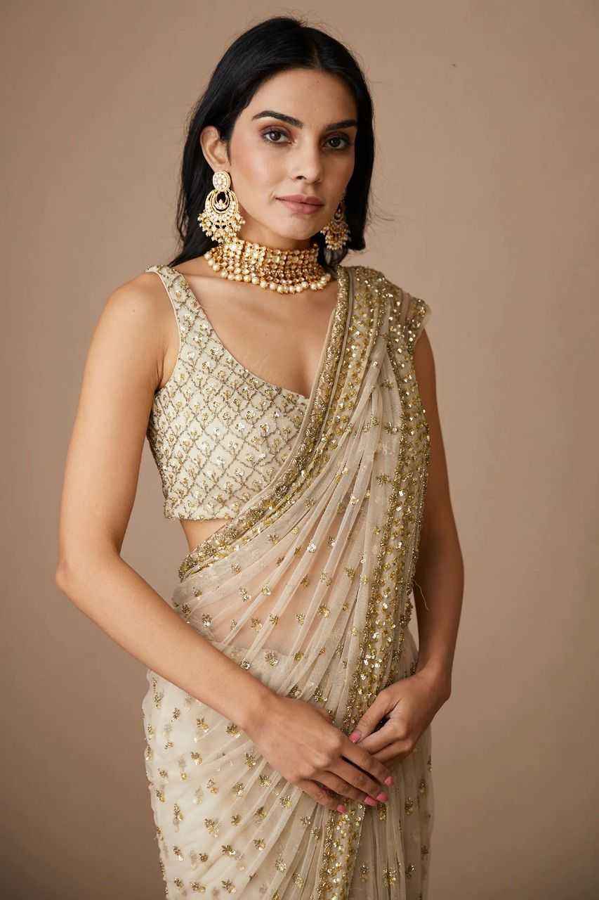 Nayoora Ivory Gold Butterfly Net Saree – Heavy Sequin Butta & Cutwork Border - Nayoora