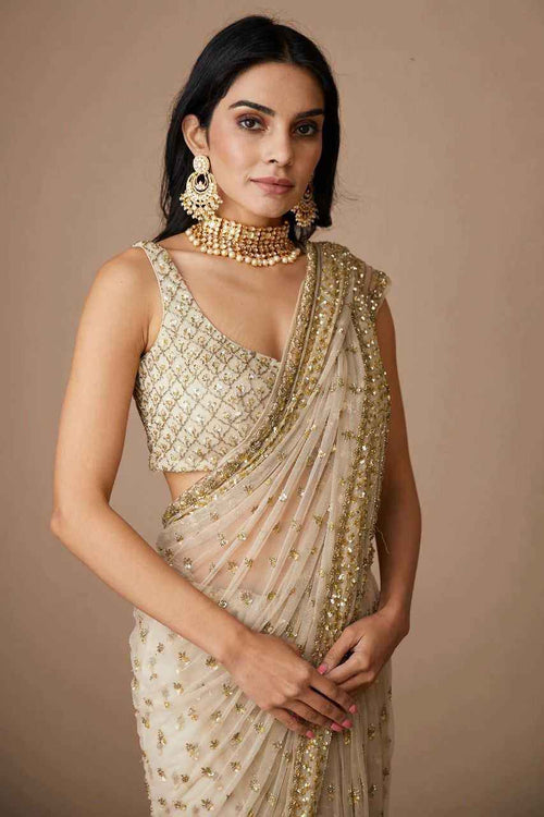 Nayoora Ivory Gold Butterfly Net Saree – Heavy Sequin Butta & Cutwork Border - Nayoora