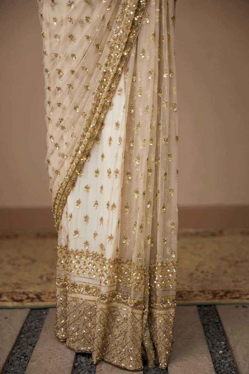 Nayoora Ivory Gold Butterfly Net Saree – Heavy Sequin Butta & Cutwork Border | Designer Wedding Saree - Nayoora