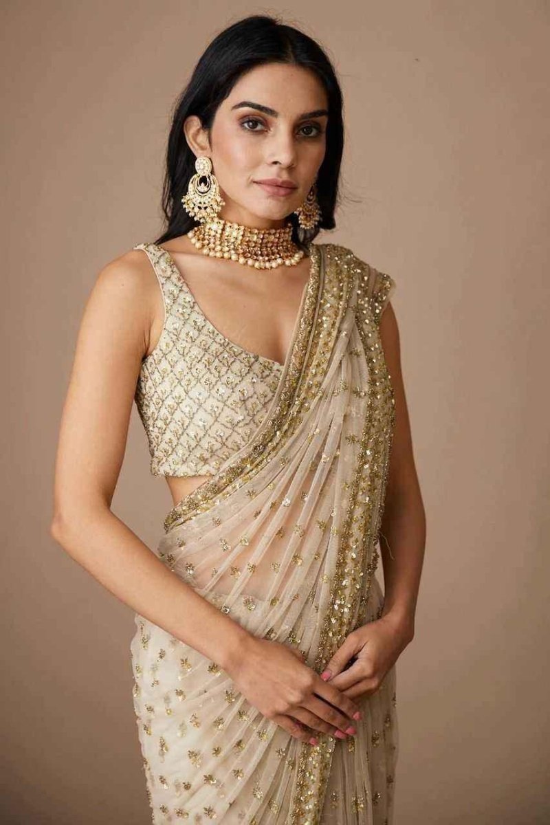 Nayoora Ivory Gold Butterfly Net Saree – Heavy Sequin Butta & Cutwork Border | Designer Wedding Saree - Nayoora