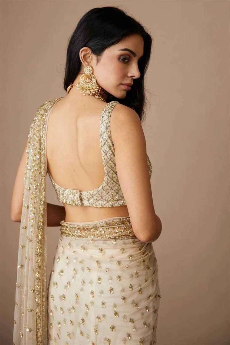 Ivory net saree with gold embroidered back and draped pallu, worn on model