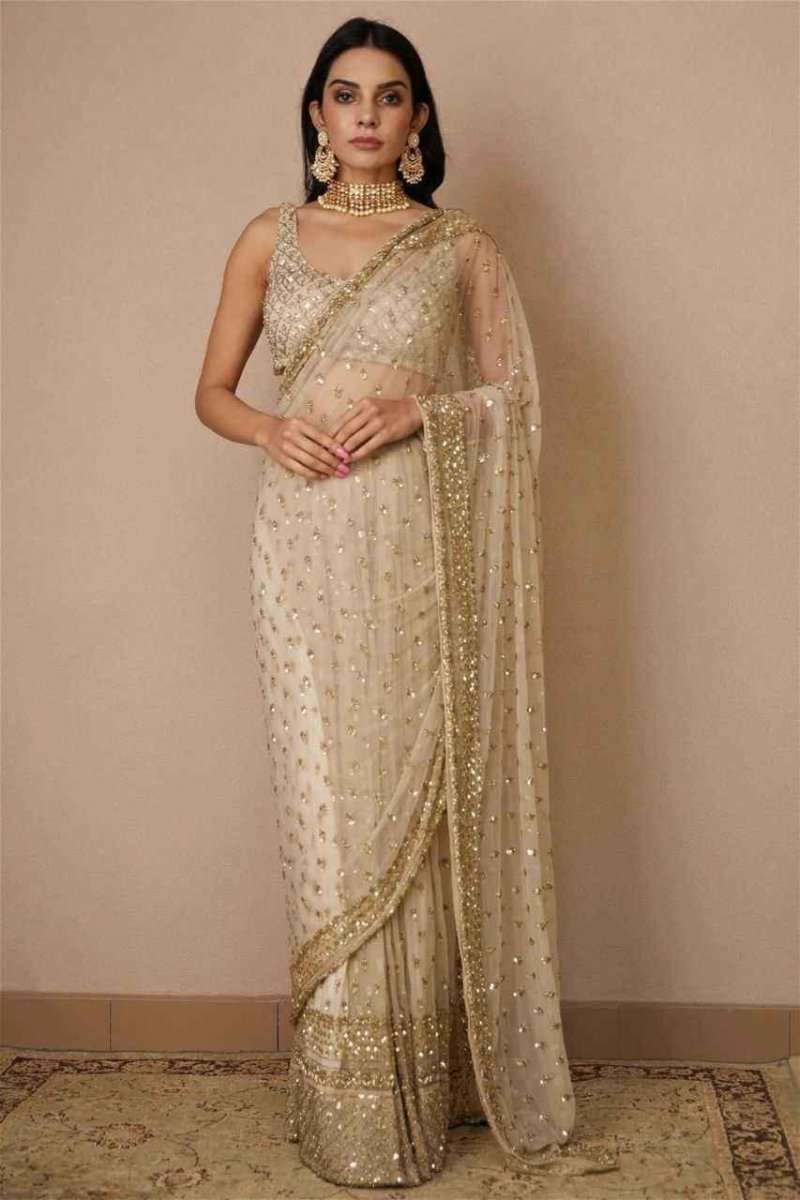 Ivory net saree with gold sequin butta, sheer drape and gold border, worn on model