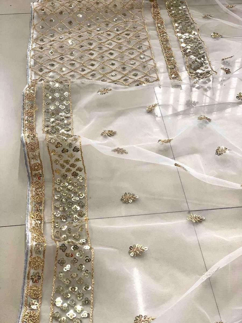 Ivory net saree fabric with gold sequin strip border and net overlay