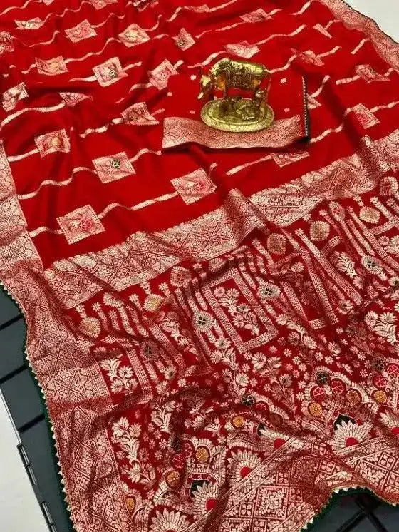 Red viscose saree pallu with gold-toned floral and lattice woven patterns
