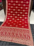 Red viscose saree with gold border and small square woven motifs