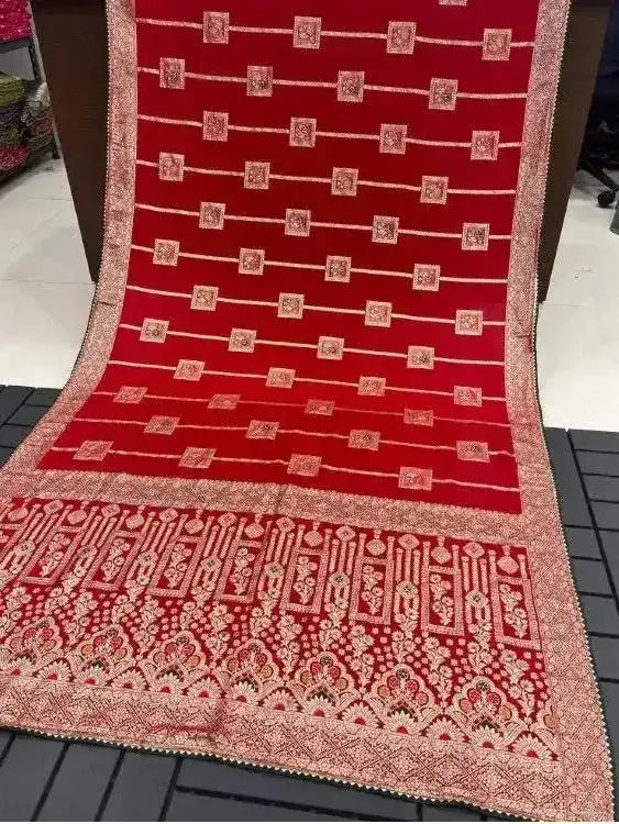 Red viscose saree with gold border and small square woven motifs