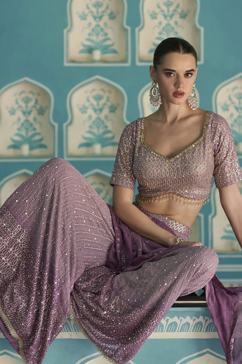 Nayoora Lavender Georgette Embroidered Palazzo Suit Set with Dupatta - View 2