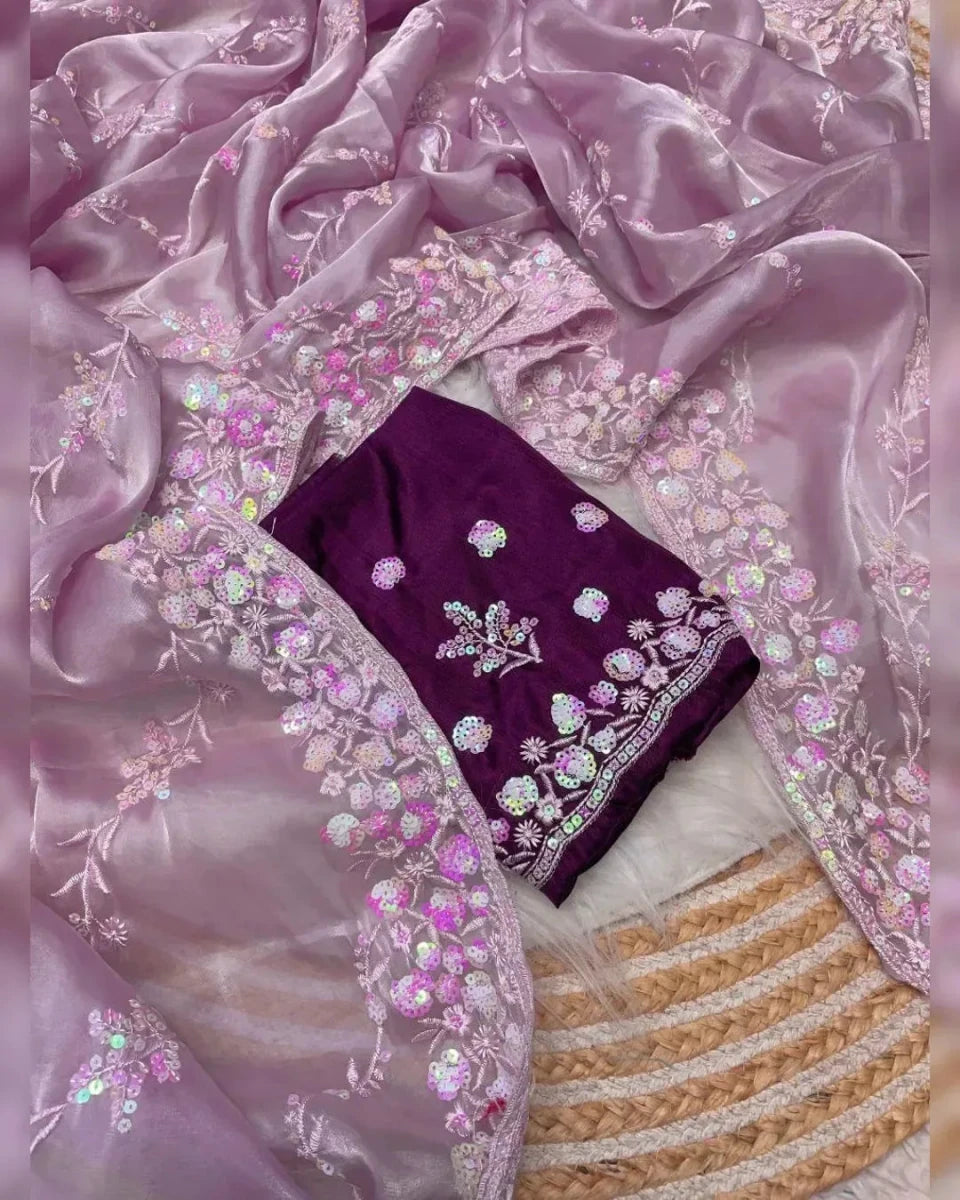 Nayoora Lavender Jimmy Choo Satin Sequin Saree - Nayoora