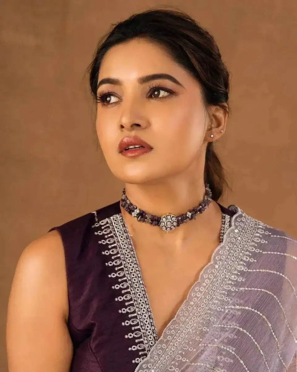 Lavender saree pallu with sequin and zari embroidery border near neckline