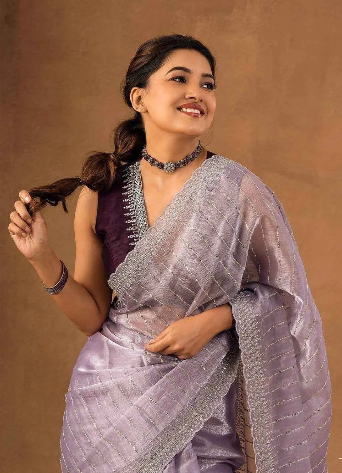 Nayoora Lavender Soft Burberry Saree – Sequin & Zari Embroidery Work - Nayoora