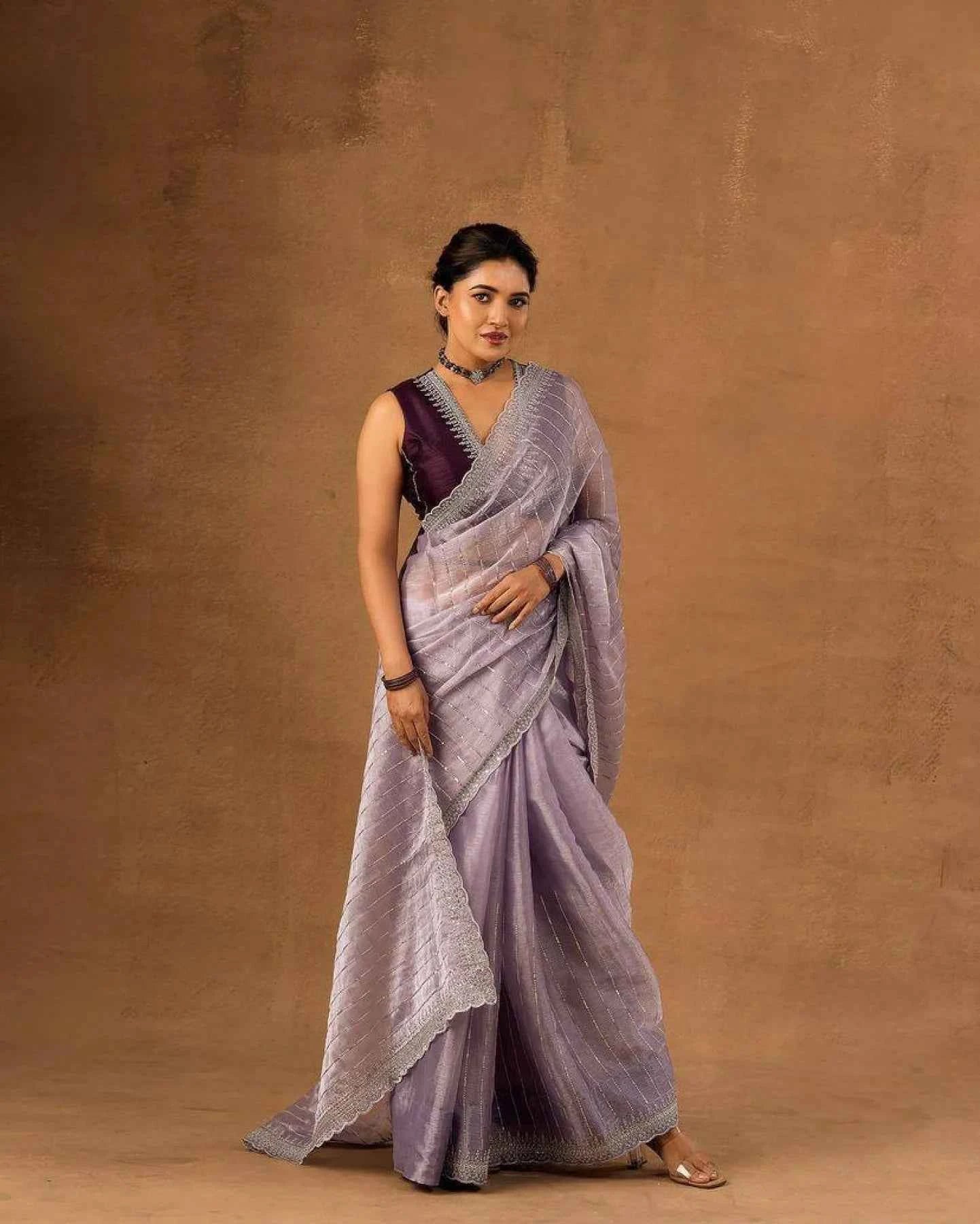 Nayoora Lavender Soft Burberry Saree – Sequin & Zari Embroidery Work - Nayoora