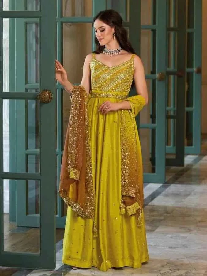 Nayoora Lime Yellow Silk Anarkali Suit – Heavy Sequin Yoke & Organza Dupatta - Nayoora