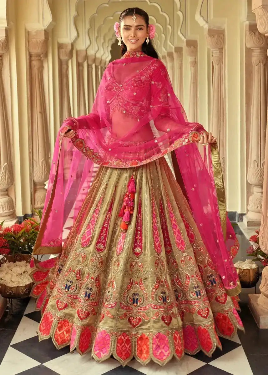 Nayoora Luxe Antique Gold & Rani Pink Mirror Work Readymade Couture Lehenga - Nayoora