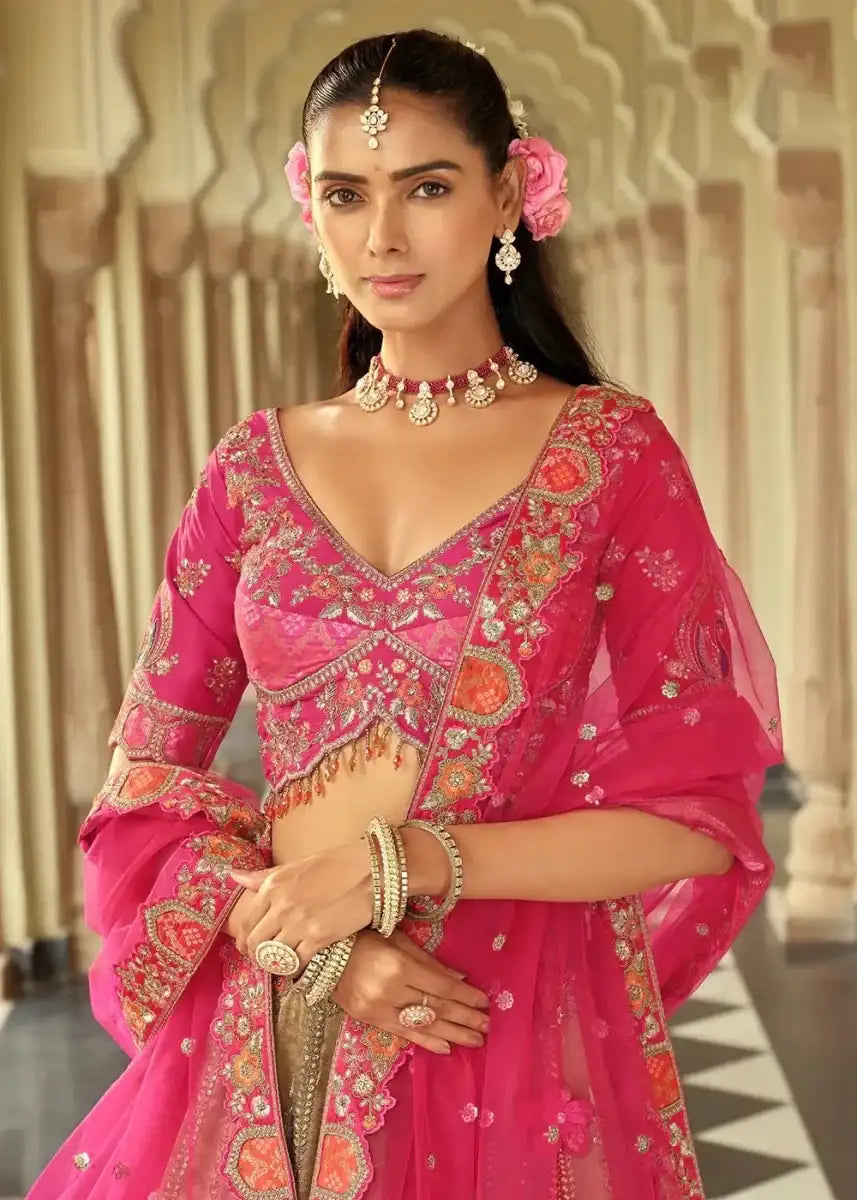 Nayoora Luxe Antique Gold & Rani Pink Mirror Work Readymade Couture Lehenga - Nayoora
