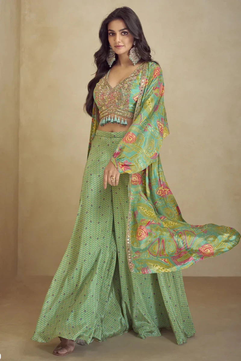 Nayoora Luxe Aqua Teal Bohemian Mirror Work Bustier & Cape Co - Ord Set - Nayoora