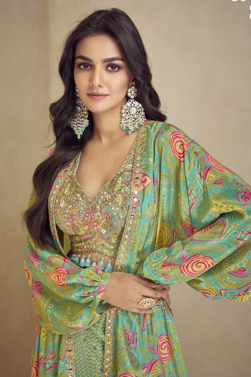 Nayoora Luxe Aqua Teal Bohemian Mirror Work Bustier & Cape Co - Ord Set - Nayoora