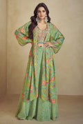 Teal mirror-work bustier with flowing cape and matching long skirt