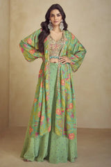 Aqua teal embellished mirror-work bustier set with flowing matching cape