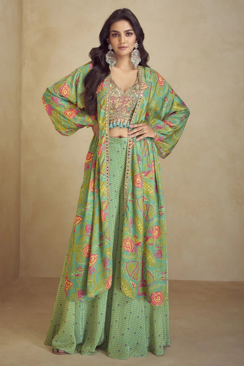 Nayoora Luxe Aqua Teal Bohemian Mirror Work Bustier & Cape Co - Ord Set - Nayoora