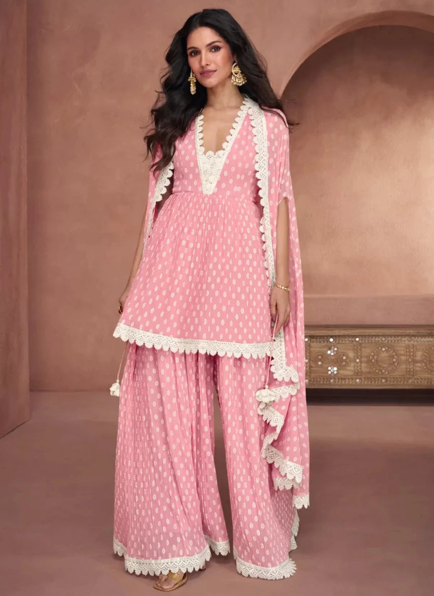 Nayoora Luxe Baby Pink Pleated Georgette Lace Peplum Palazzo Suit - Nayoora