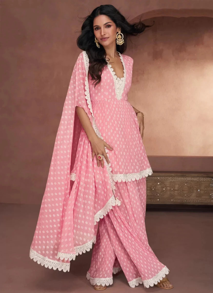 Nayoora Luxe Baby Pink Pleated Georgette Lace Peplum Palazzo Suit - Nayoora