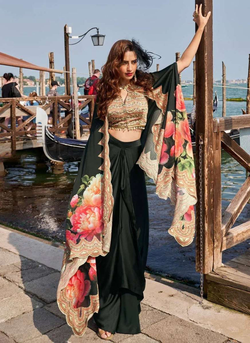 Black dhoti set with long floral cape and embroidered beige crop top, open front