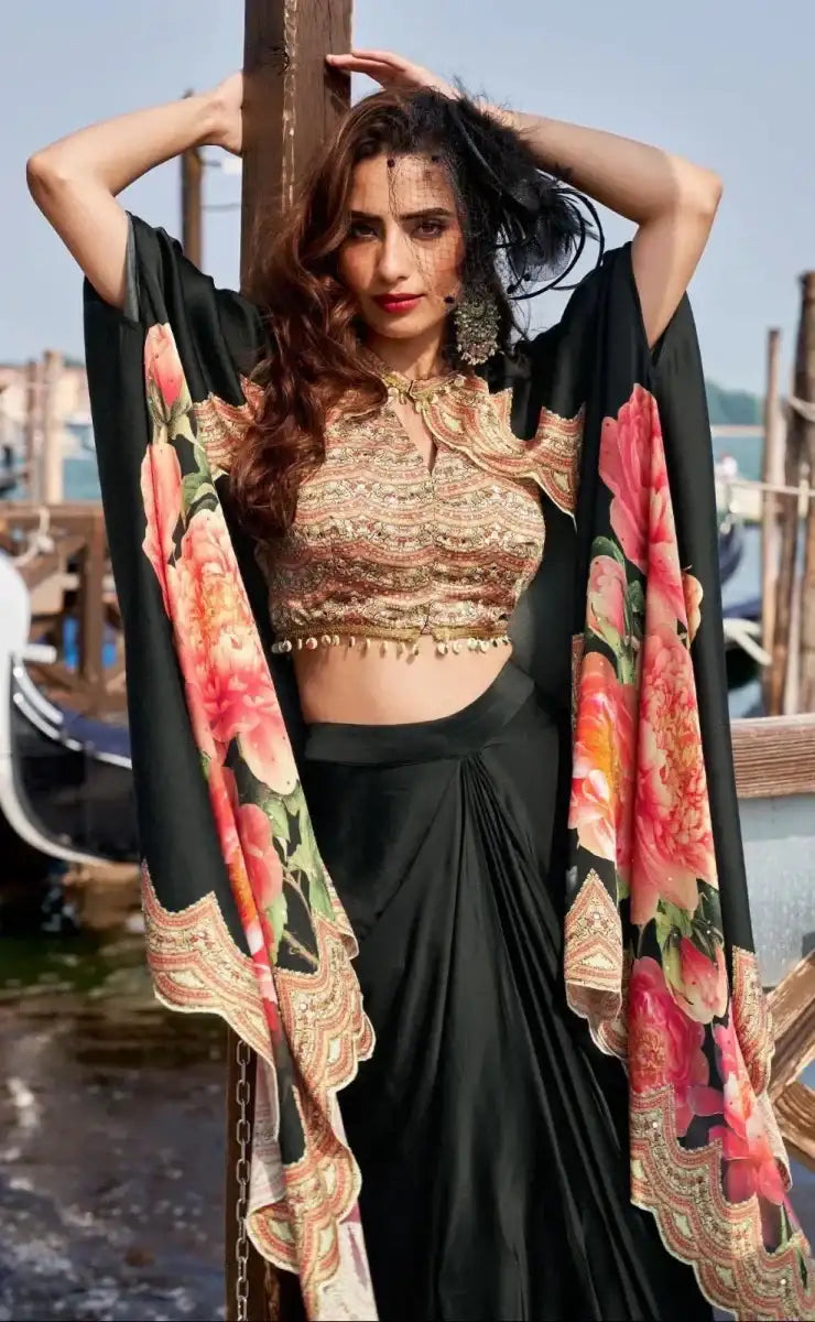 Nayoora Luxe Black Floral French Crepe Cape Dhoti Fusion Set - Nayoora