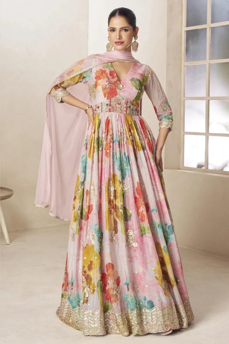 Nayoora Luxe Blush Pink Floral Chinon Anarkali Gown Set - Nayoora