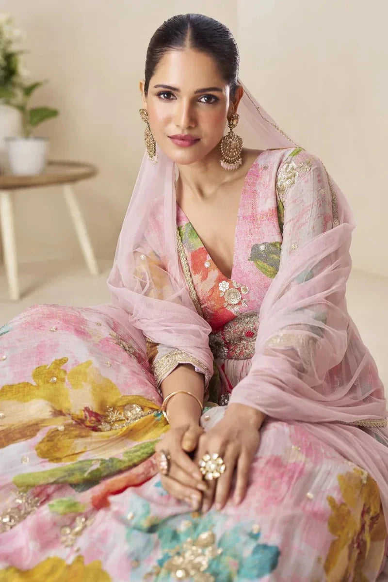 Nayoora Luxe Blush Pink Floral Chinon Anarkali Gown Set - Nayoora