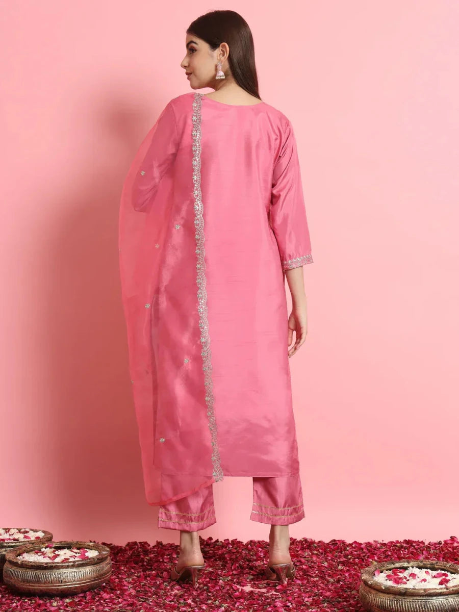 Nayoora Luxe Bright Pink Silk Blend Embroidered Kurti Pant Set - Nayoora