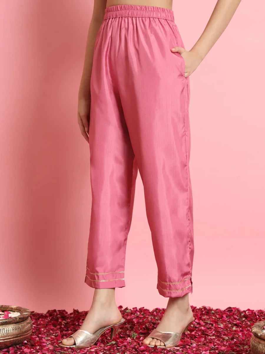 Nayoora Luxe Bright Pink Silk Blend Embroidered Kurti Pant Set - Nayoora