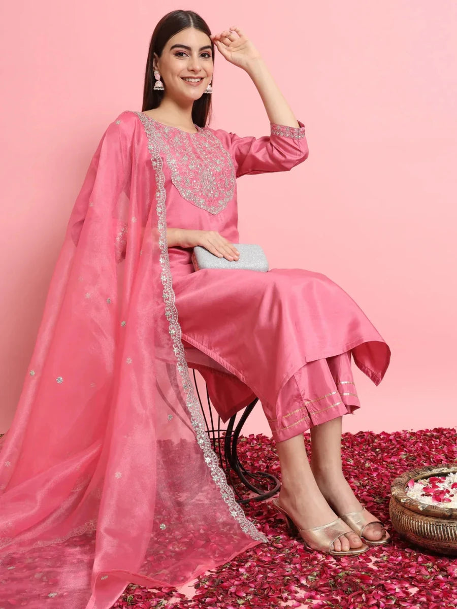 Nayoora Luxe Bright Pink Silk Blend Embroidered Kurti Pant Set - Nayoora