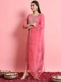 Nayoora Luxe Bright Pink Silk Blend Embroidered Kurti Pant Set - Nayoora