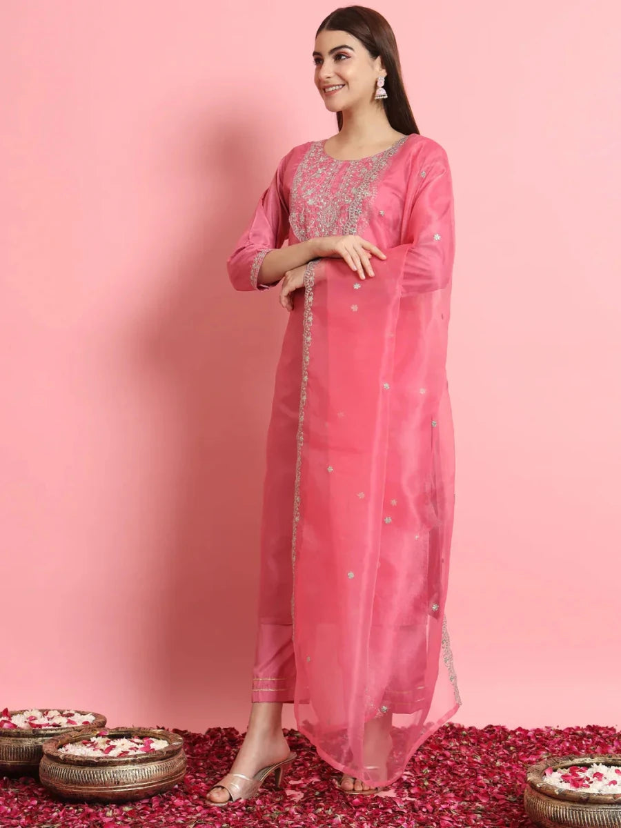 Nayoora Luxe Bright Pink Silk Blend Embroidered Kurti Pant Set - Nayoora