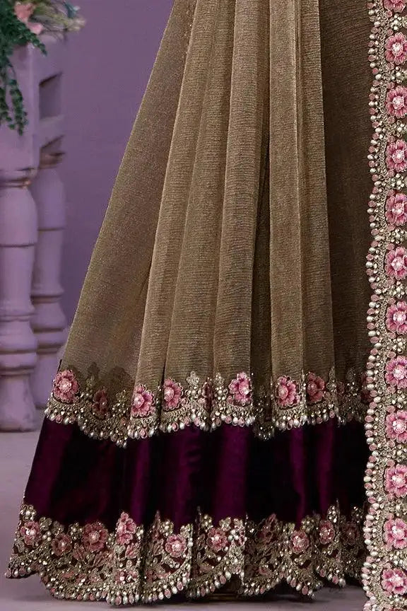 Bronze saree skirt with pleated fabric and wine embroidered hem border