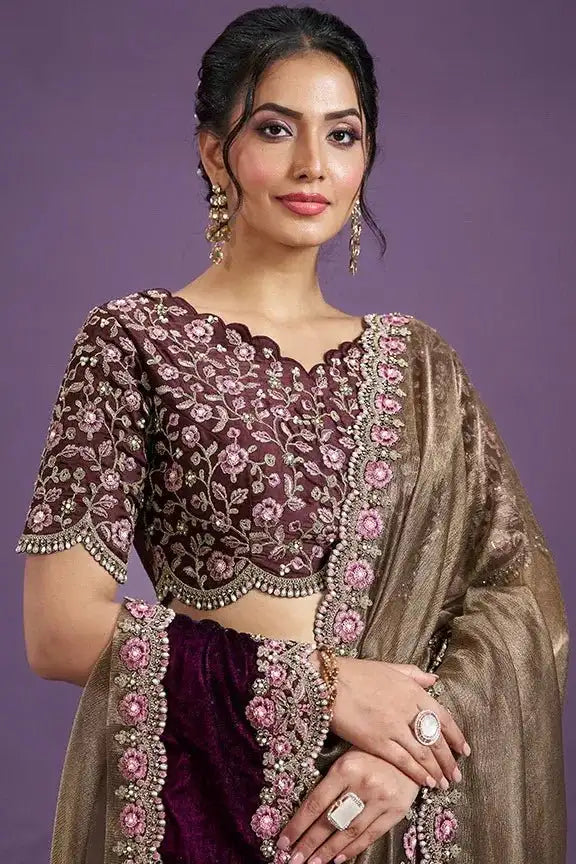 Wine velvet blouse with floral embroidery and short sleeves, paired with bronze saree