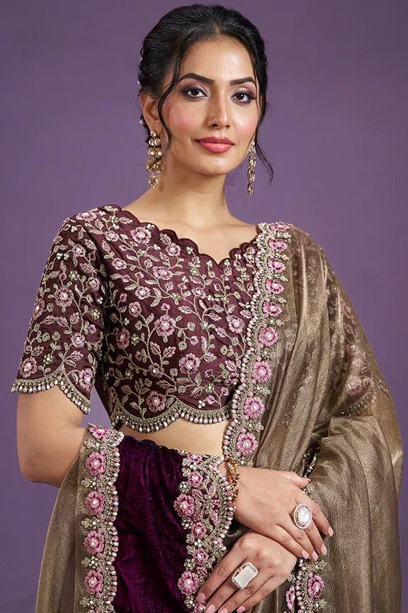 Nayoora Luxe Bronze Shimmer & Wine Velvet Couture Saree - Nayoora