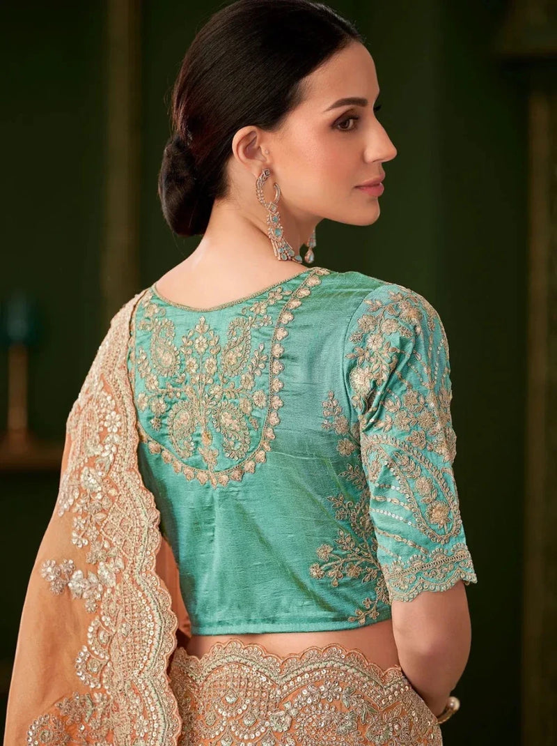 Back view of teal blouse with ornate embroidery and burnt orange saree border