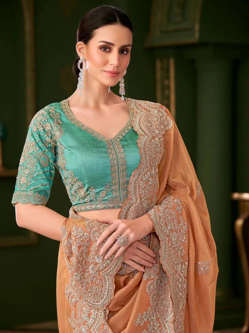 Embroidered georgette saree in burnt orange with teal blouse, detailed neckline
