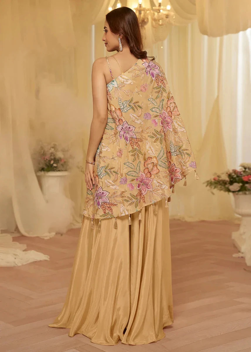 Nayoora Luxe Champagne Gold Floral Asymmetric Cape Co - ord Set - Nayoora