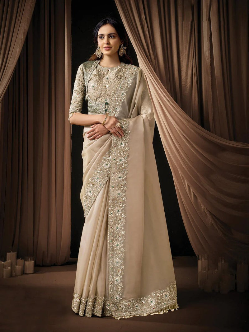 Nayoora Luxe Champagne Silk Saree with Heavy Emerald Contrast Blouse - Nayoora