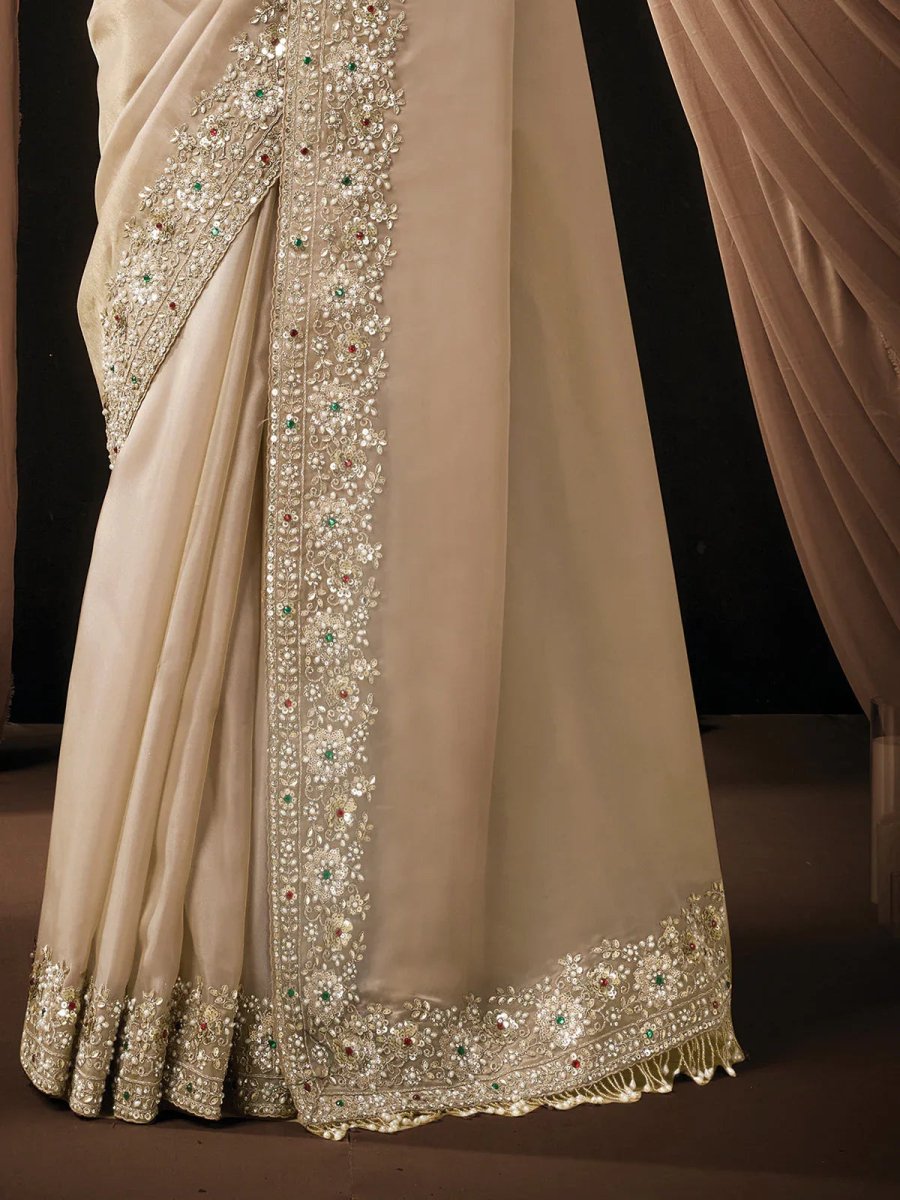 Nayoora Luxe Champagne Silk Saree with Heavy Emerald Contrast Blouse - Nayoora